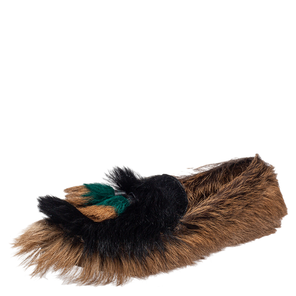 Prada Brown/Black Fur Slip On Loafers Size 36