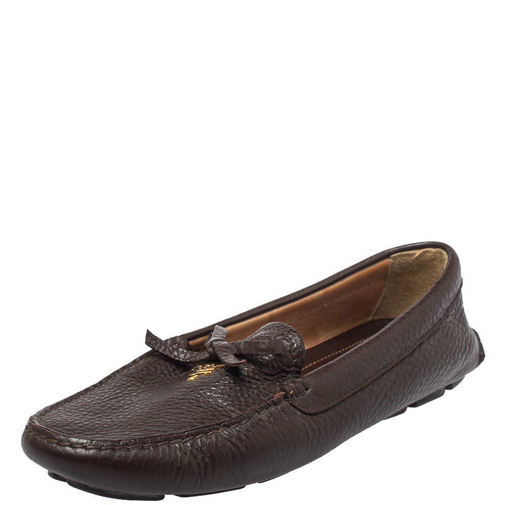 Prada Brown Leather Bow Slip On Loafers Size 40