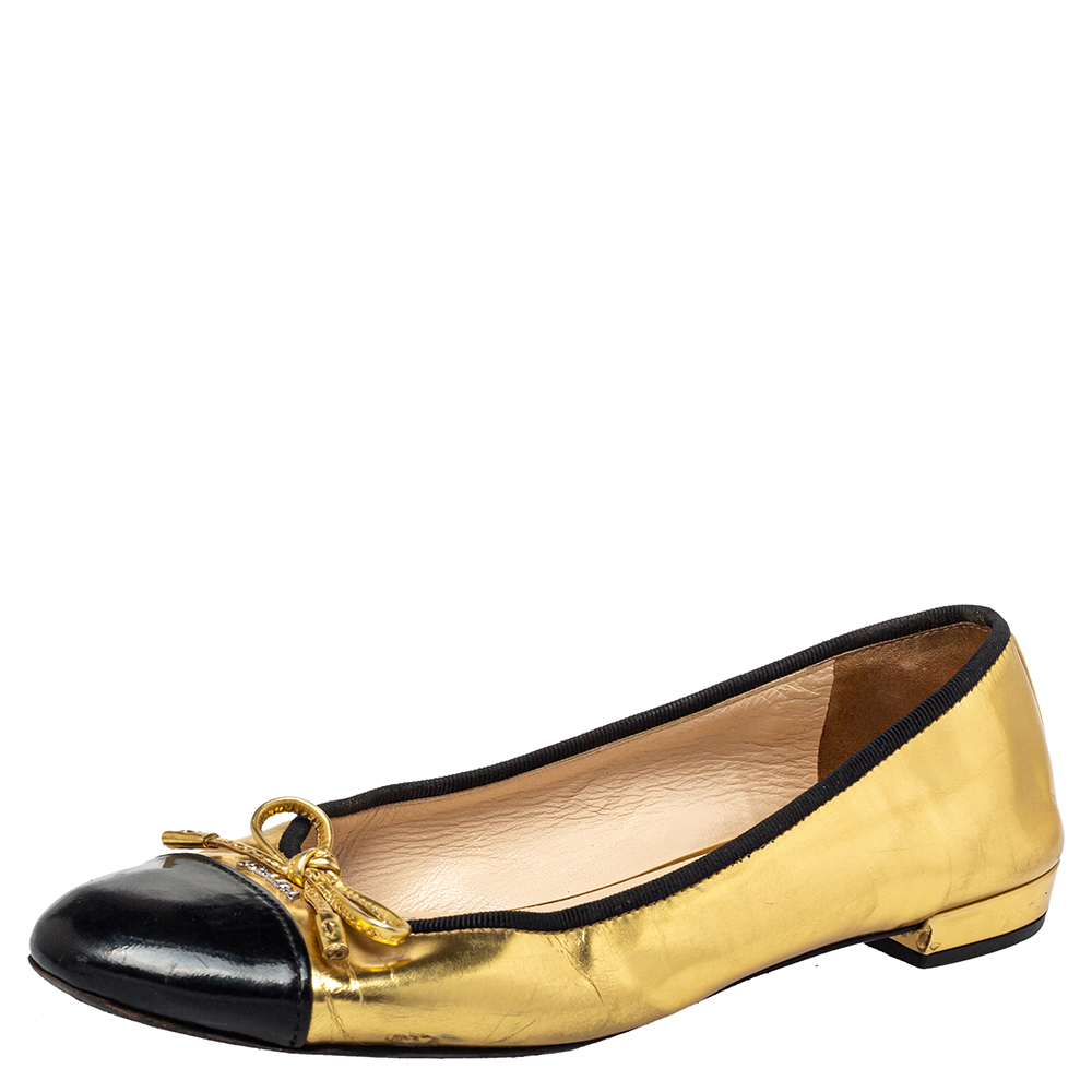 Prada Black/ Gold Patent Leather And Fabric Bow Cap Toe Ballet Flats Size 38