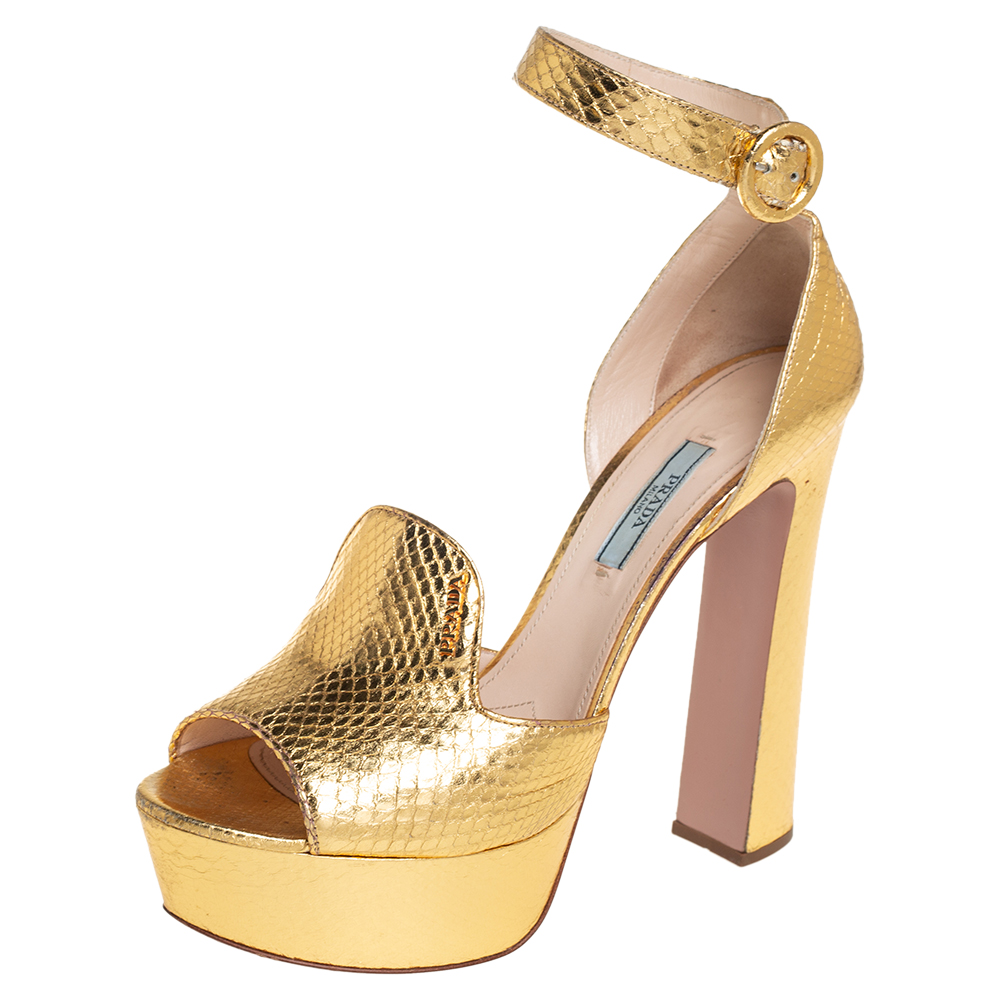 Prada Metallic Gold Python Embossed Leather Platform Ankle Strap Sandals Size 38.5