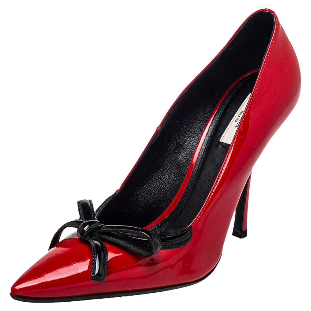 Prada Red Patent Leather Bow Pointed Toe Pumps Size 39