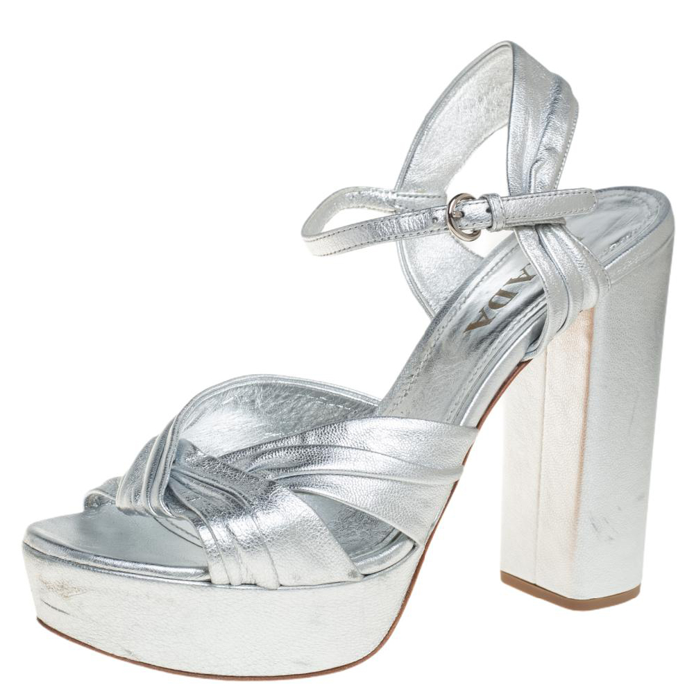 Prada Silver Pleated Leather Ankle Strap Platform Sandals Size 39.5