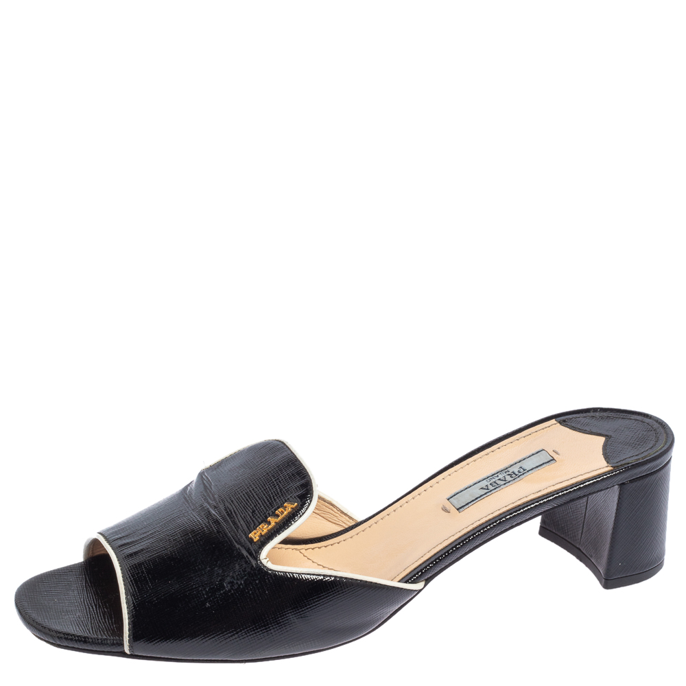 Prada Black Patent Leather Block Heel Slides Sandals Size 41