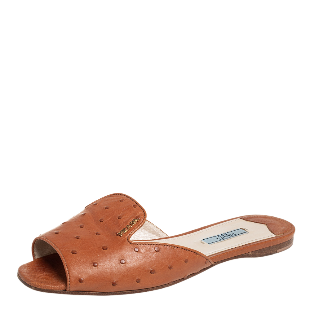 Prada Brown Ostritch Leather Slide Slide Sandals Size 39