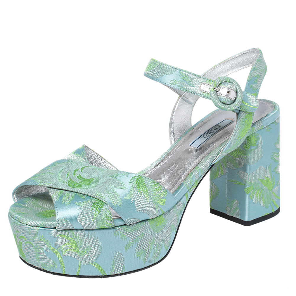 Prada Green/Blue Brocade Fabric Platform Ankle Strap Sandals Size 39