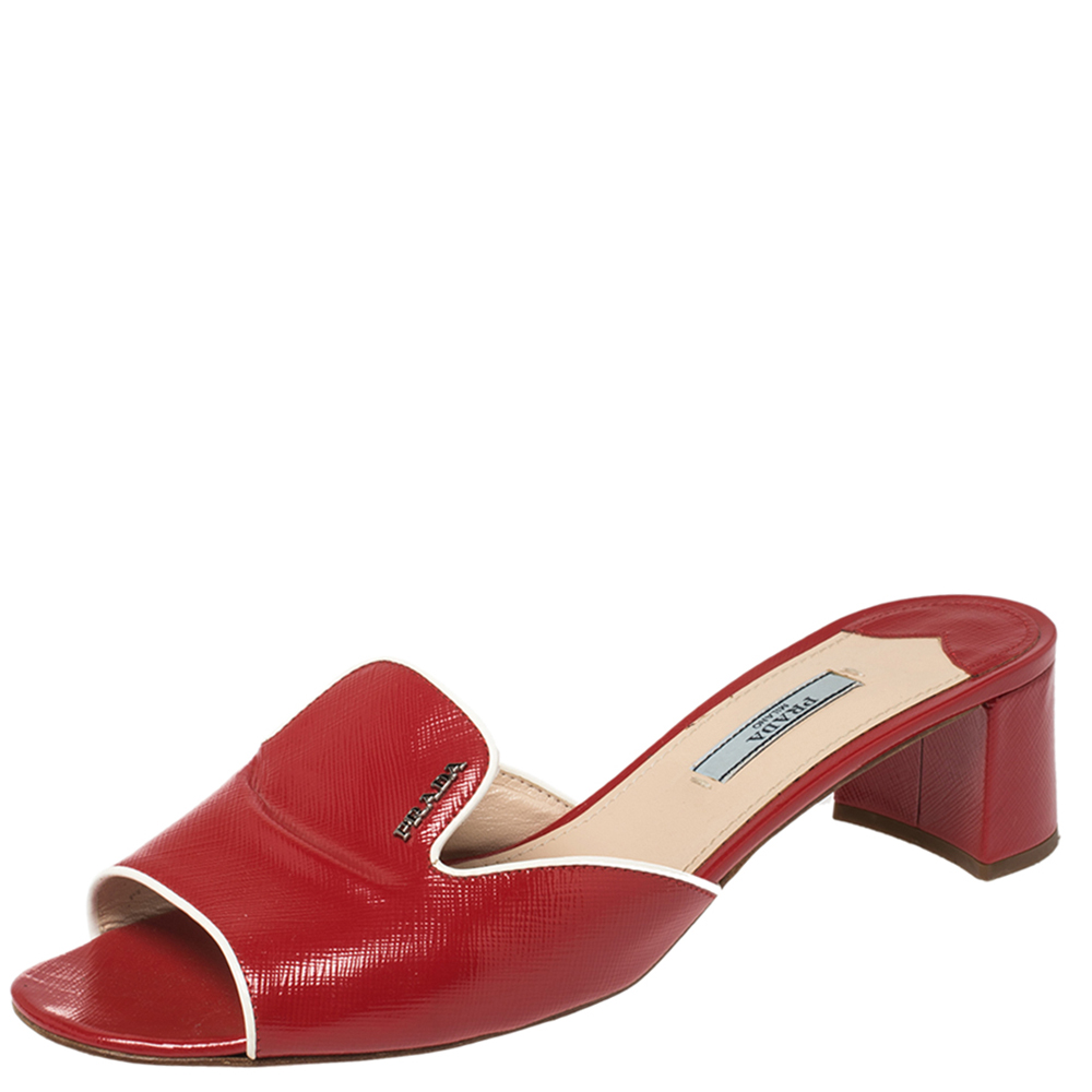 Prada Red Patent Saffiano Leather Block Heel Slide Sandals Size 40