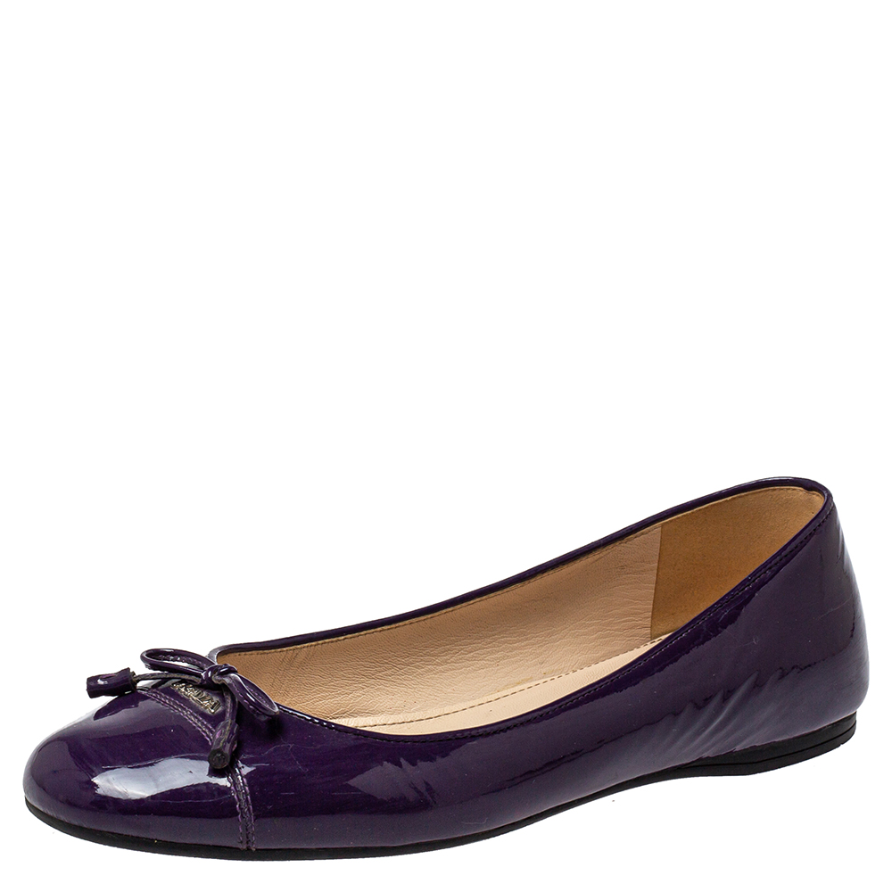 Prada Purple Patent Leather Bow Cap Toe Ballet Flats Size 38.5