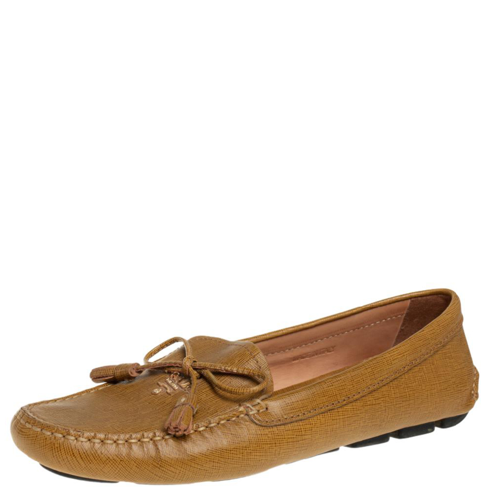 Prada Mustard Yellow Leather Tassel Bow Slip On Loafers Size 41