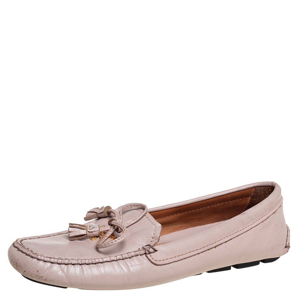 Prada Beige Leather Bow Slip On Loafers Size 38