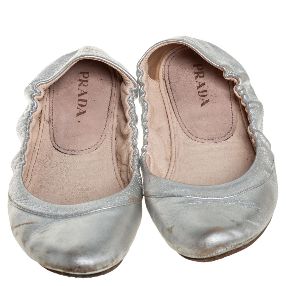 Prada Silver Leather Scrunch Ballet Flats Size 38.5