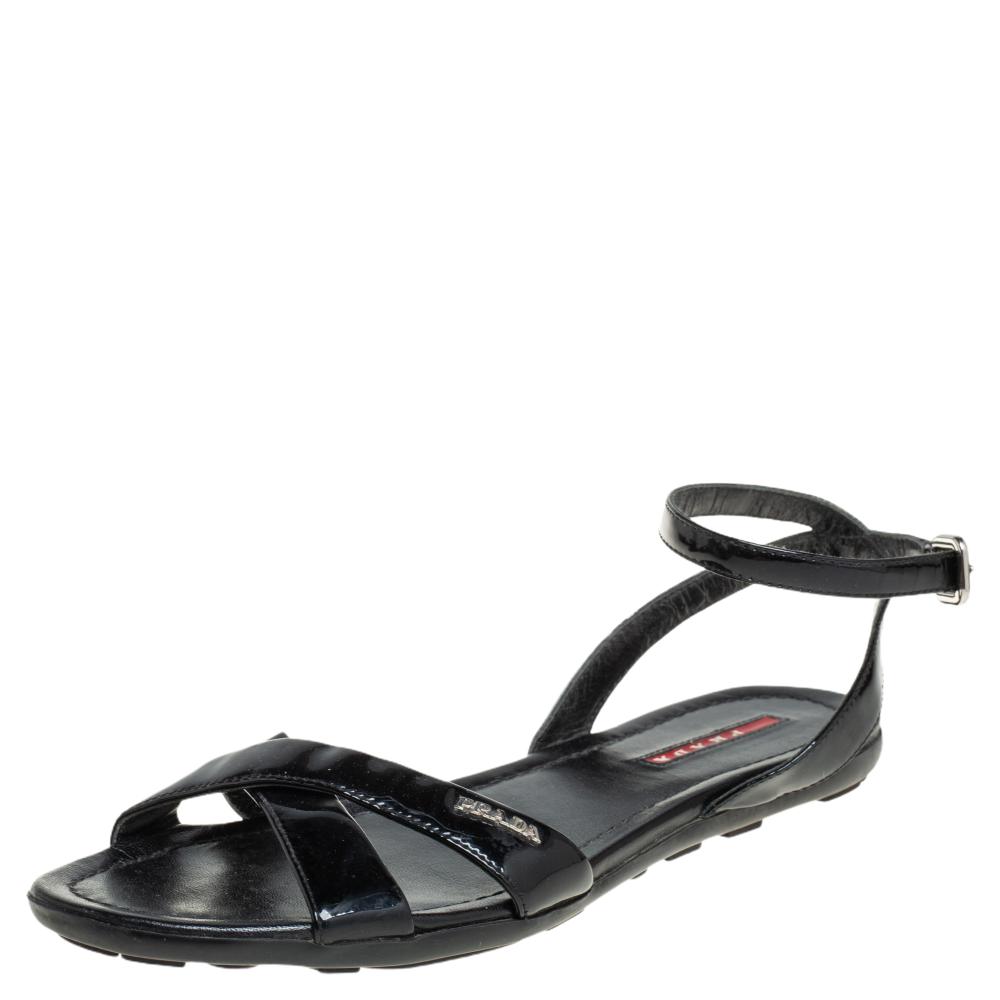 Prada Black Patent Leather Strappy Ankle Strap Flat Sandals Size 38