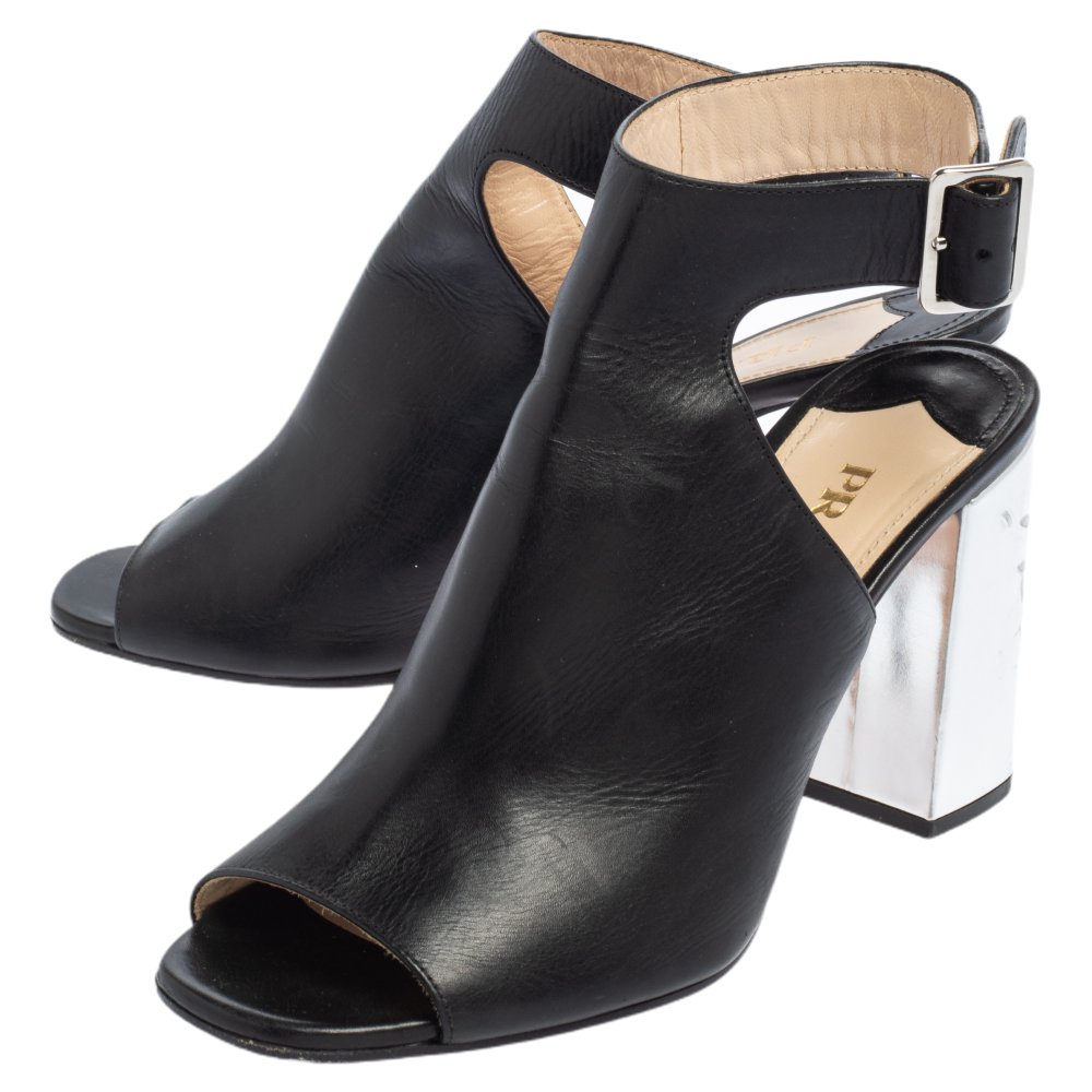 Prada Black Leather Block Heel Peep Toe Ankle Strap Sandals Size 38