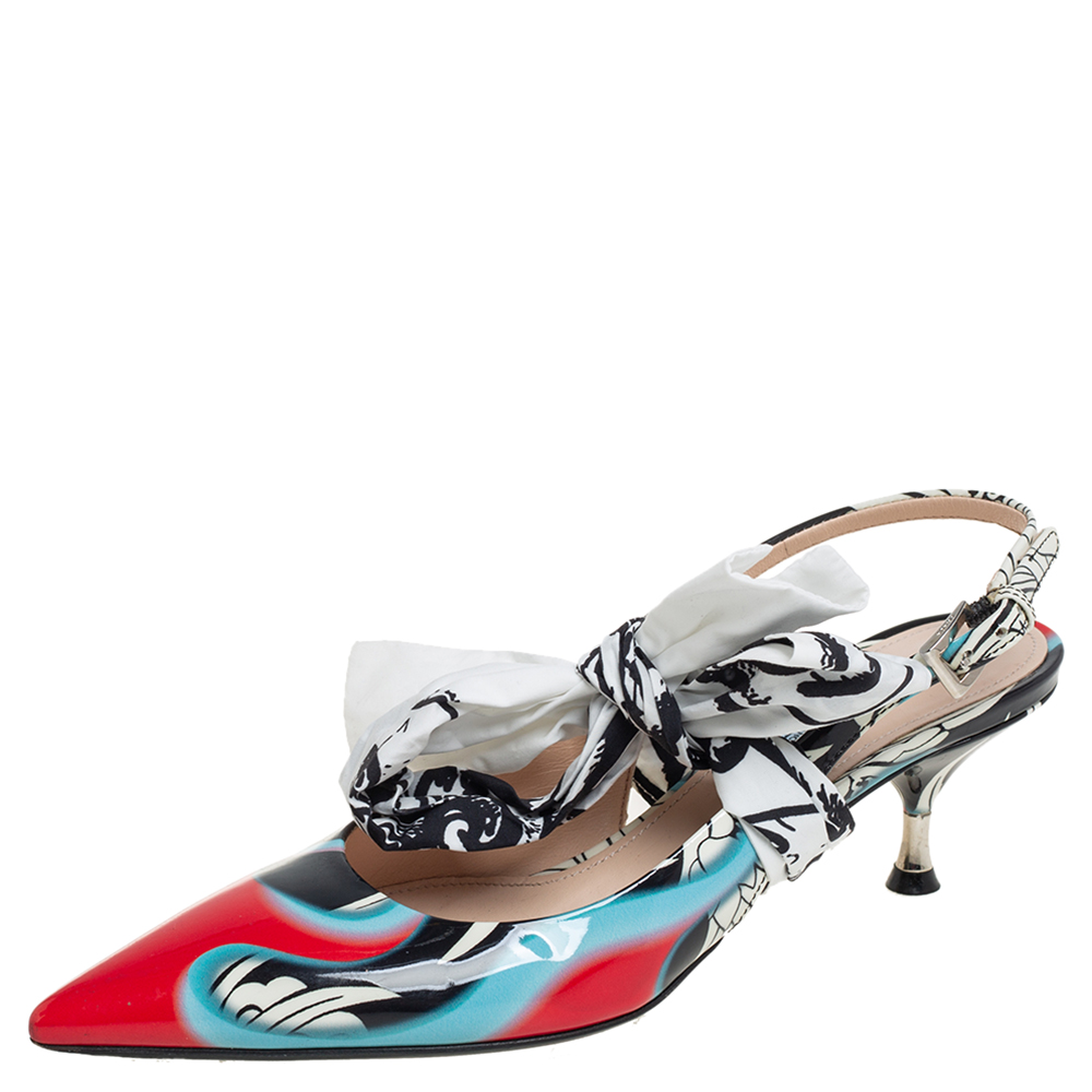 Prada Multicolor Printed Leather Scarf Bow Slingback Sandals Size 37