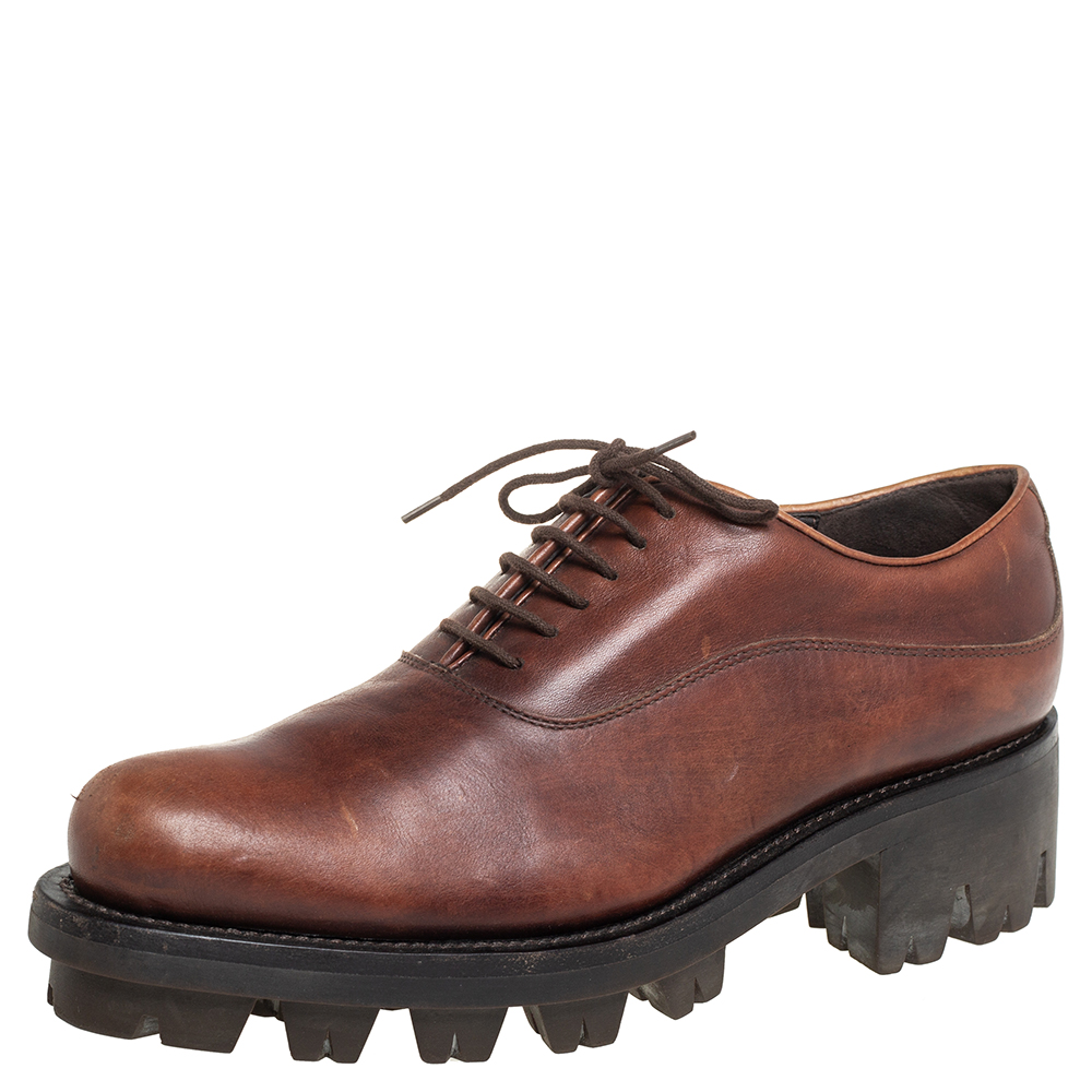 Prada Brown Leather Lug Sole Lace Up Oxford Size 38.5