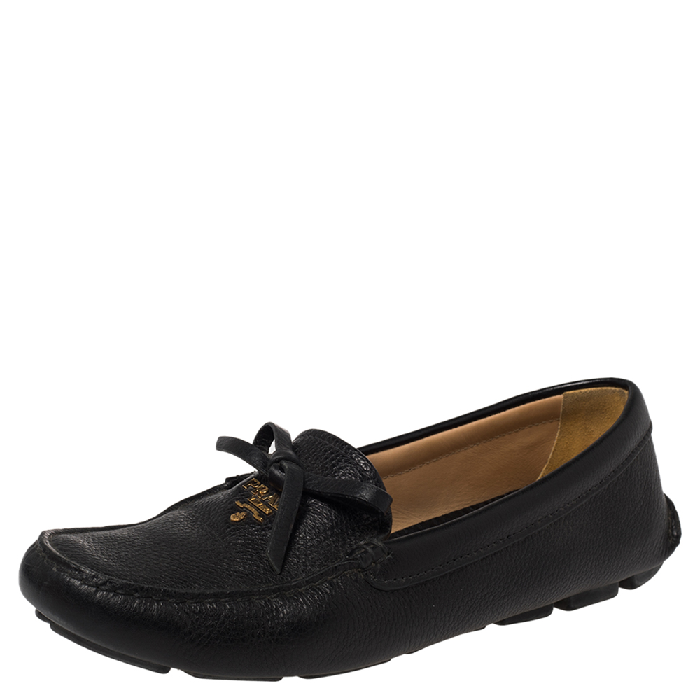 Prada Black Leather Bow Slip On Loafers Size 37
