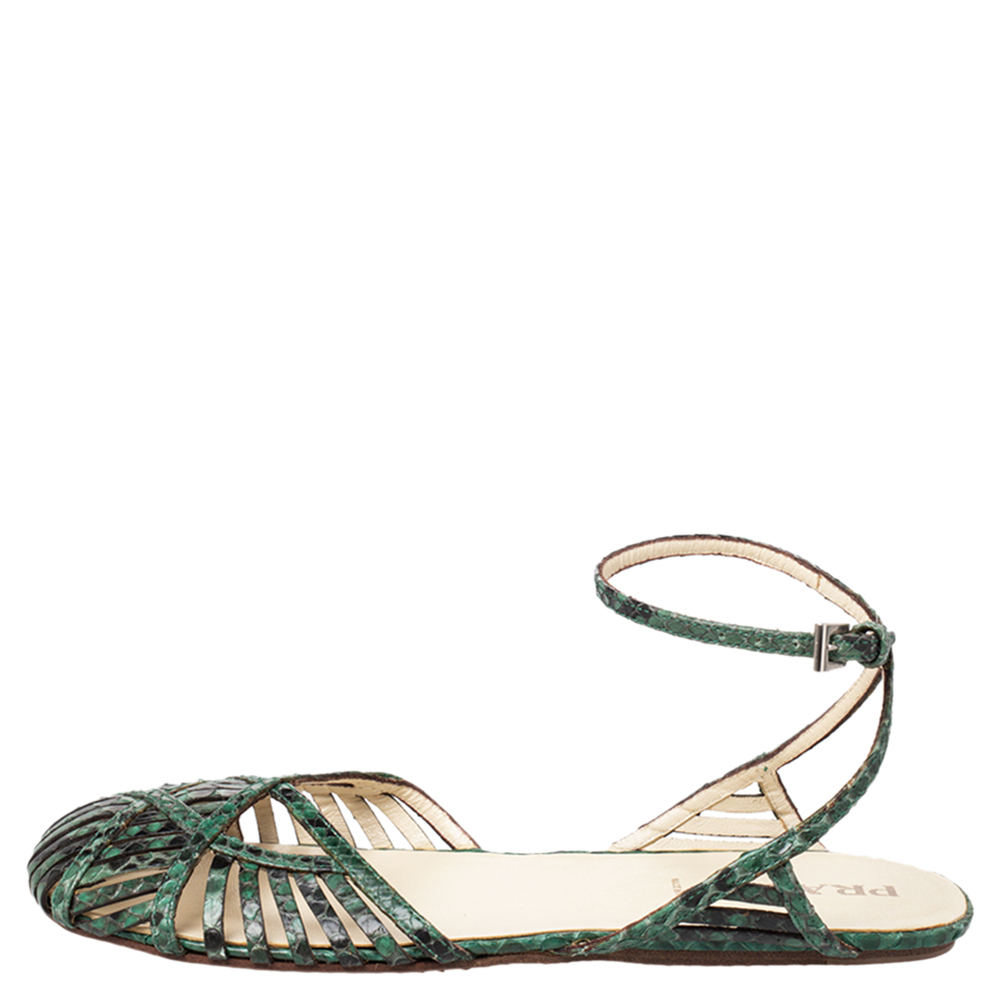 Prada Green/Black Python Flat Ankle Strap Sandals Size 37