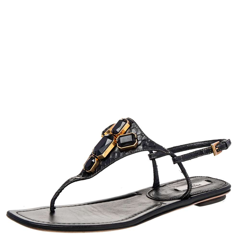 Prada Black Python Embellished Thong Flat Sandals Size 38