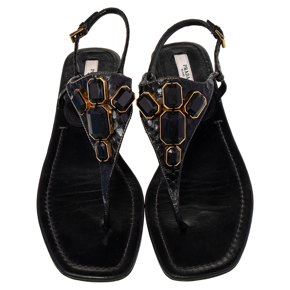 Prada Black Python Embellished Thong Flat Sandals Size 38