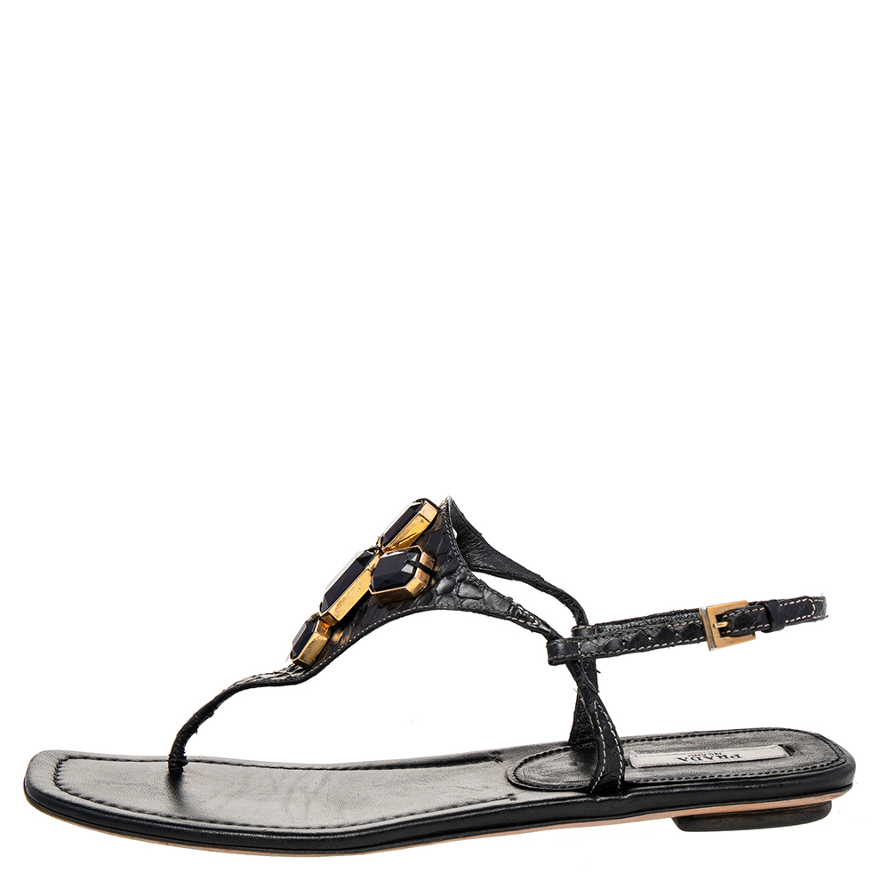 Prada Black Python Embellished Thong Flat Sandals Size 38