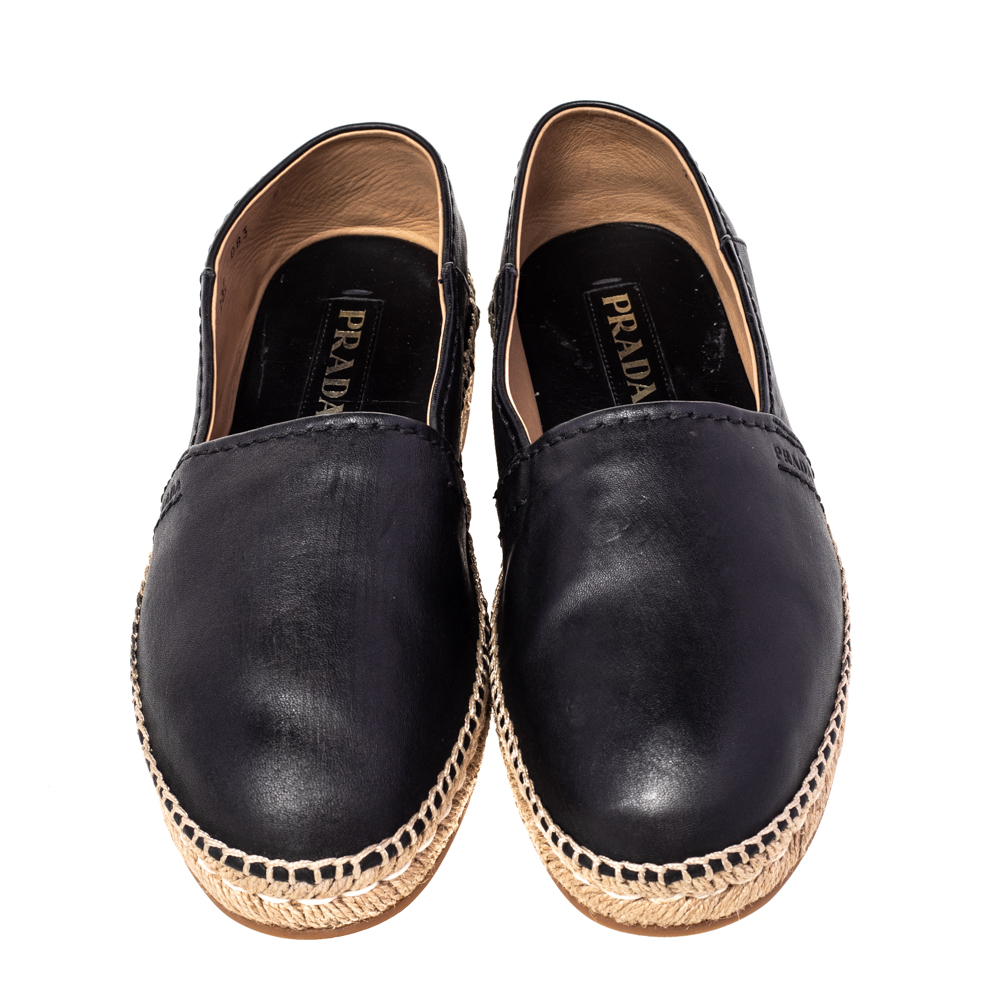Prada Black Leather Espadrille Flats Size 38.5