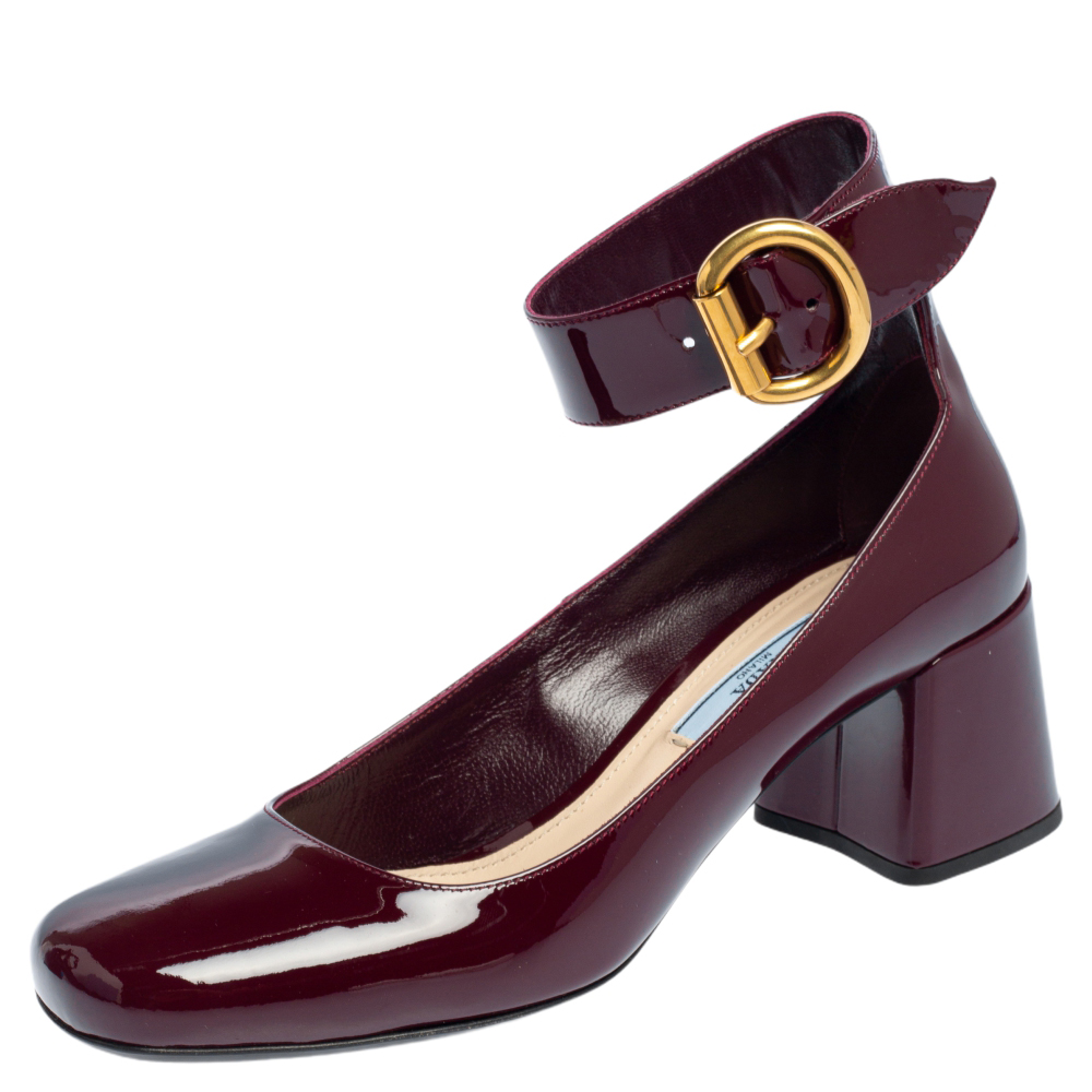 Prada Burgundy Patent Leather Ankle Strap Pumps Size 38