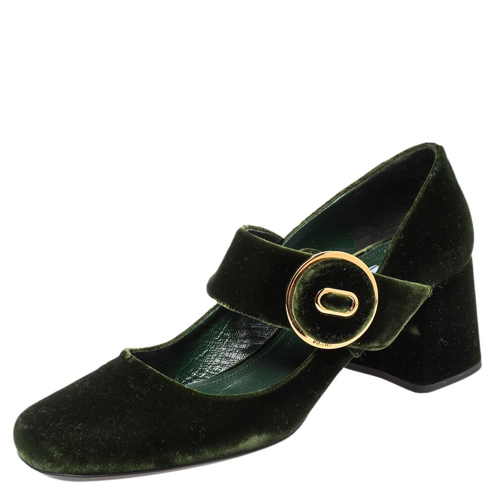 Prada Green Velvet Mary Jane Block Heel Pumps Size 40.5