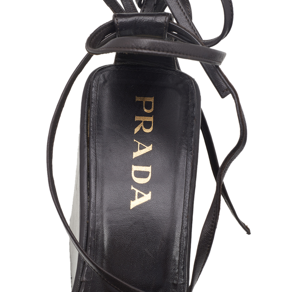 Prada Dark Brown Leather Wedge Platform Ankle Wrap Sandals Size 39