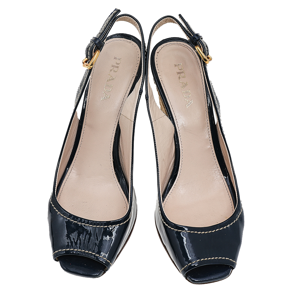Prada Navy Blue Patent Leather Peep Toe Wedges Espadrilles Slingback Sandals Size 36