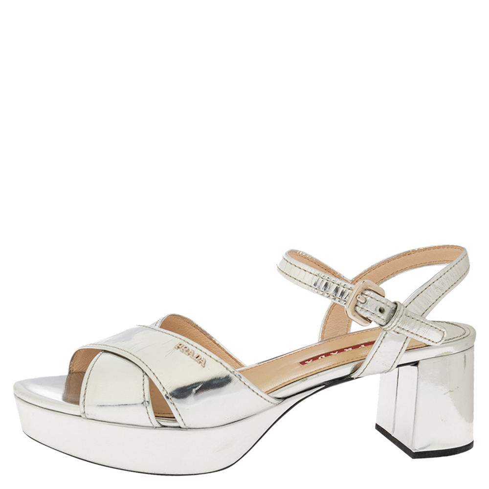 Prada Metallic Silver Leather Platform Block Heel Ankle Strap Sandals Size
Prada Metallic Silver Leather Platform Block Heel Ankle Strap Sandals Size