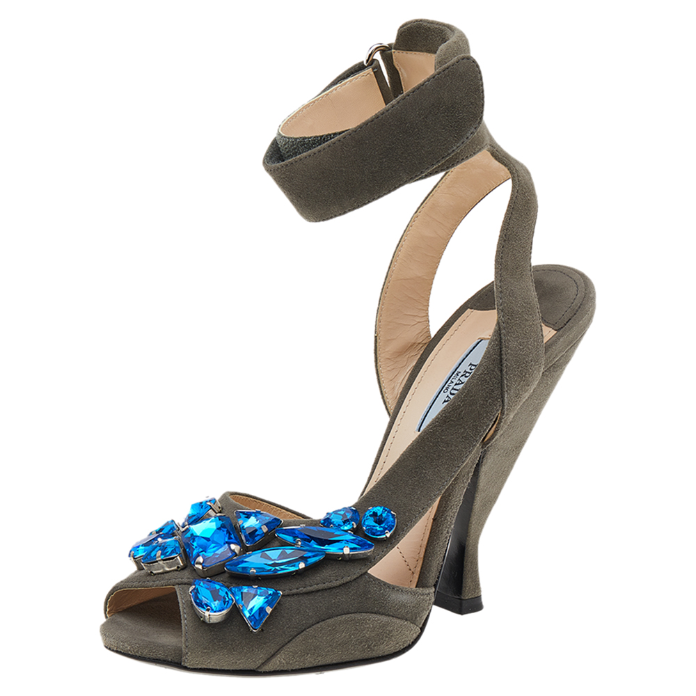 Prada grey suede crystal embellished ankle strap sandals size 38