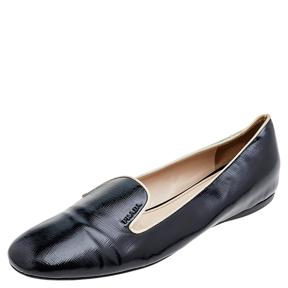 Prada Black/Beige Patent Saffiano Leather Smoking Slippers Size 40.5
