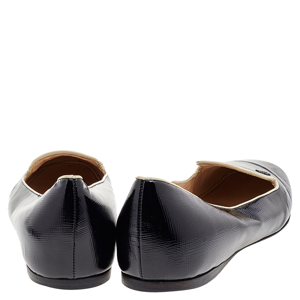 Prada Black/Beige Patent Saffiano Leather Smoking Slippers Size 40.5