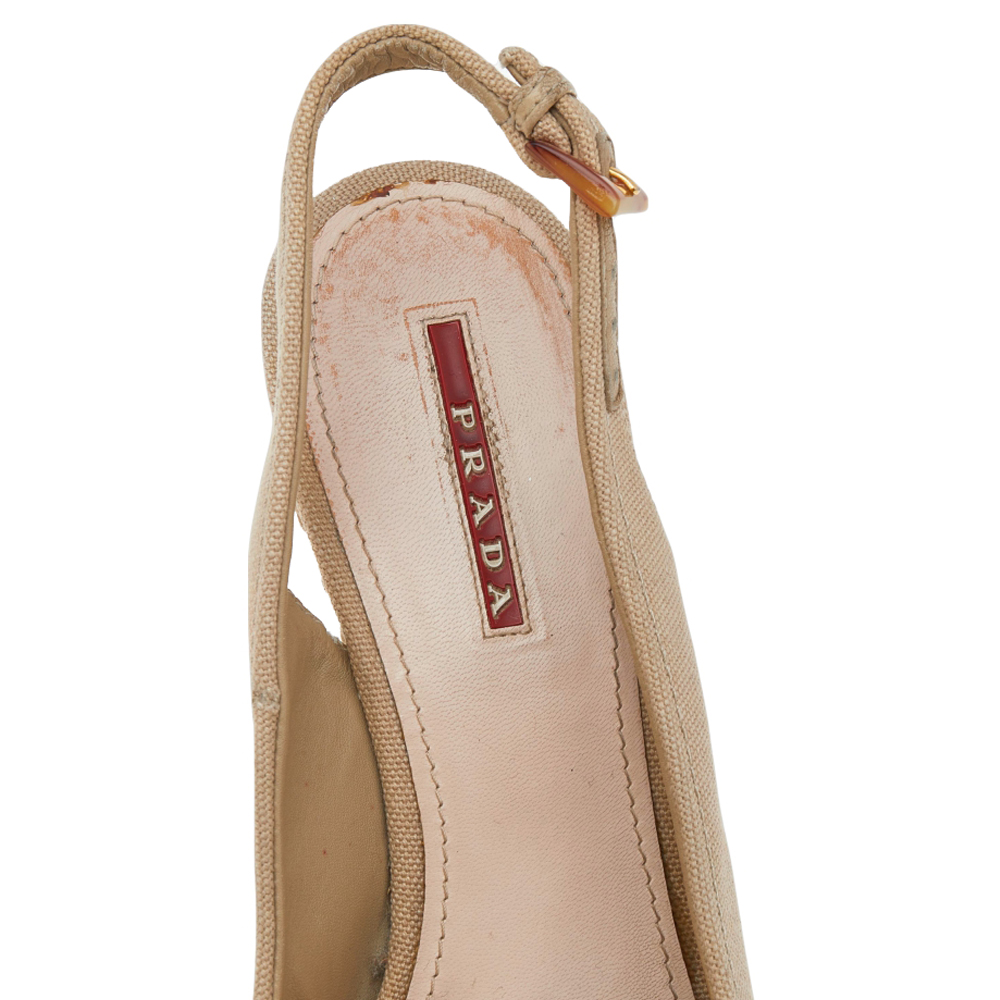 Prada Beige Canvas Bow Peep Toe Espadrille Wedge Sandals Size 37