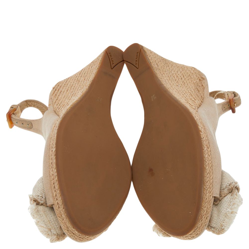 Prada Beige Canvas Bow Peep Toe Espadrille Wedge Sandals Size 37