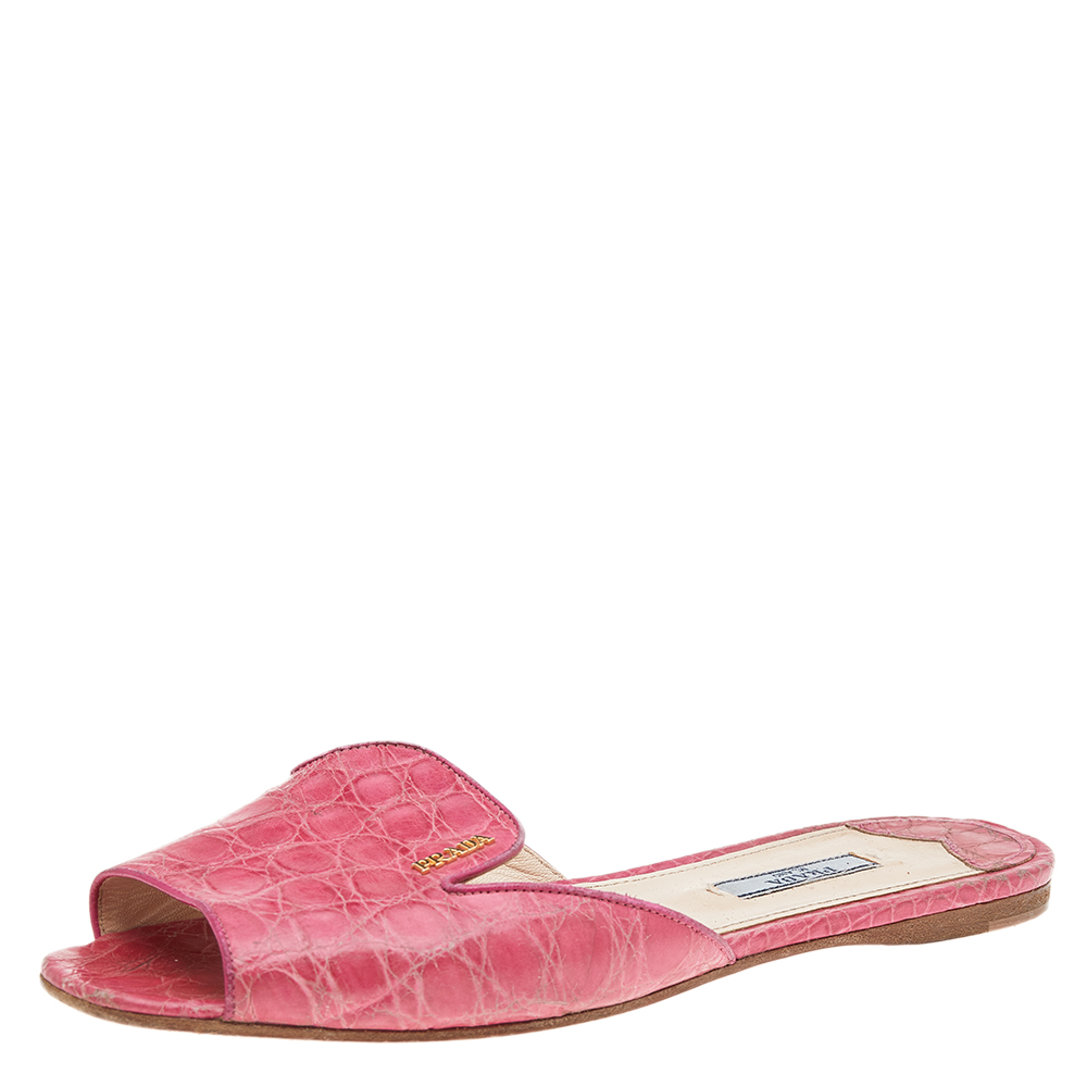 Prada Pink Croc Embossed Leather Flat Sandals Size 39.5