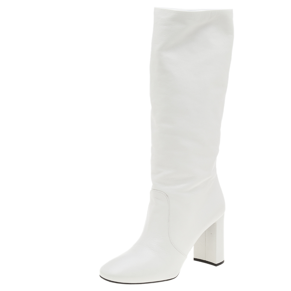 Prada White Leather Block Heel Mid Calf Boots Size 38.5
