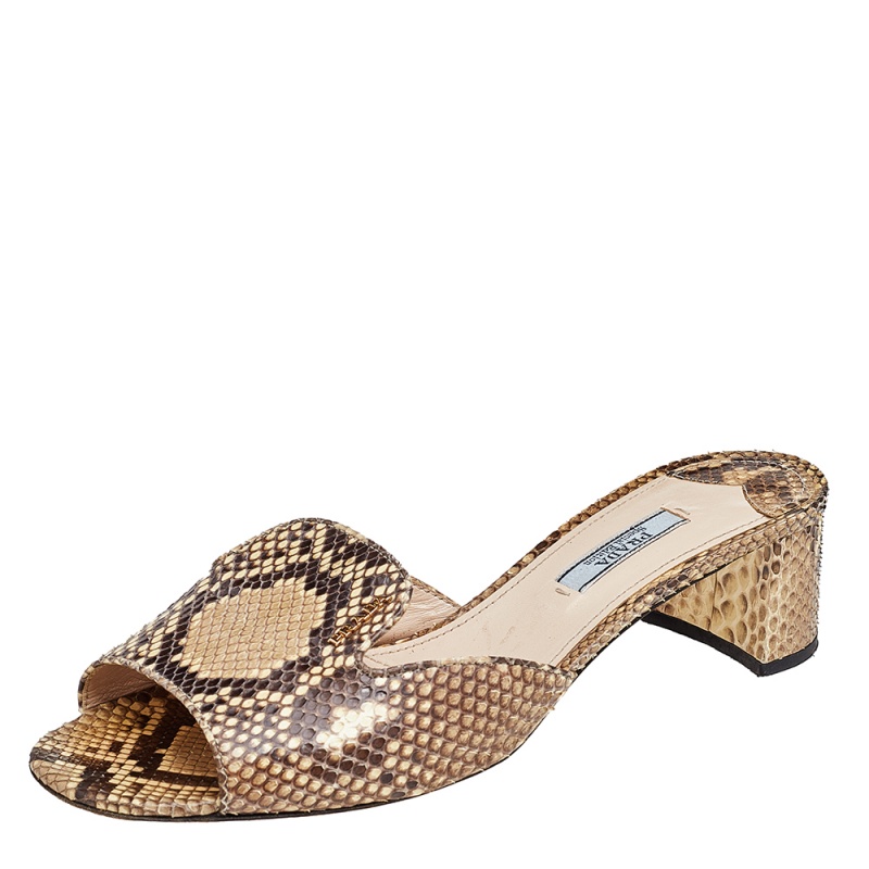 Prada Brown/Beige Snakeskin Block Heel Slide Sandals Size 39.5