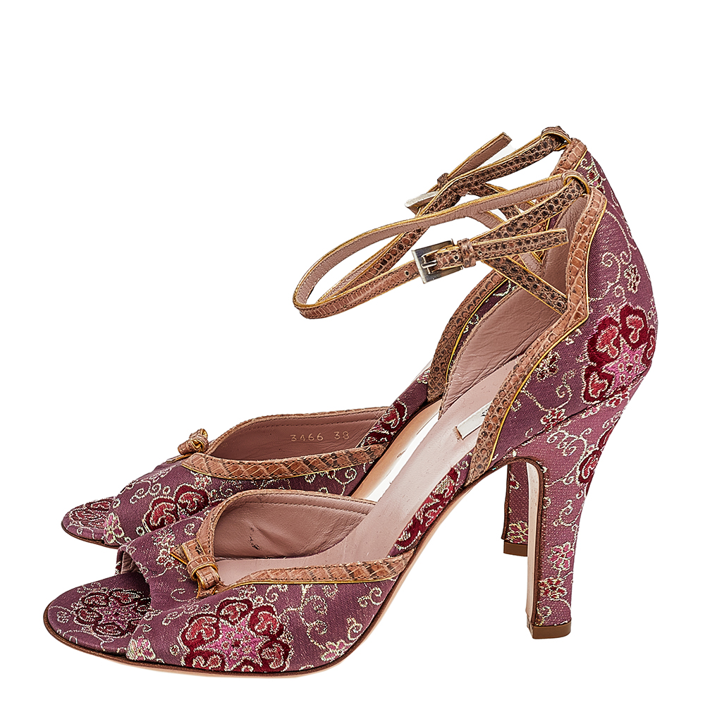 Prada Pink/Brown Brocade Fabric And Lizard Leather Ankle Strap Sandals Size 38