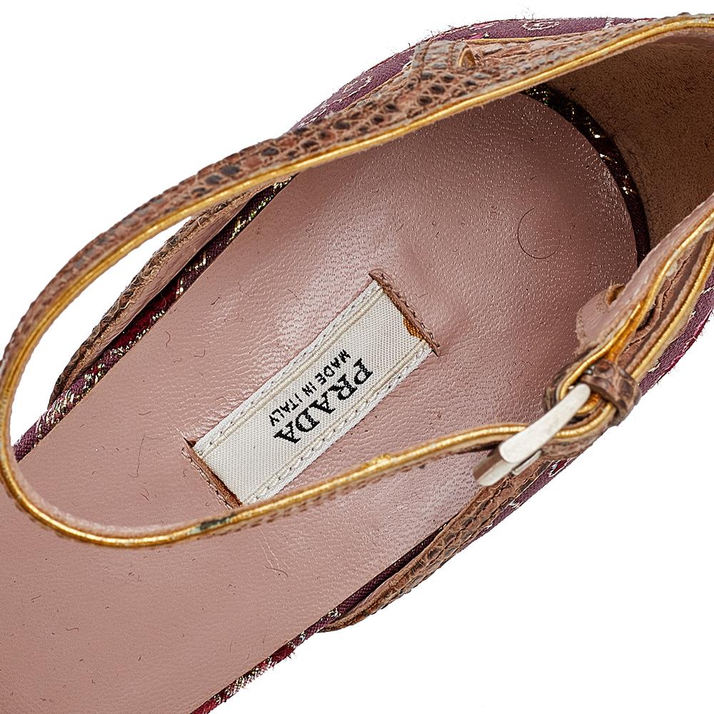 Prada Pink/Brown Brocade Fabric And Lizard Leather Ankle Strap Sandals Size 38