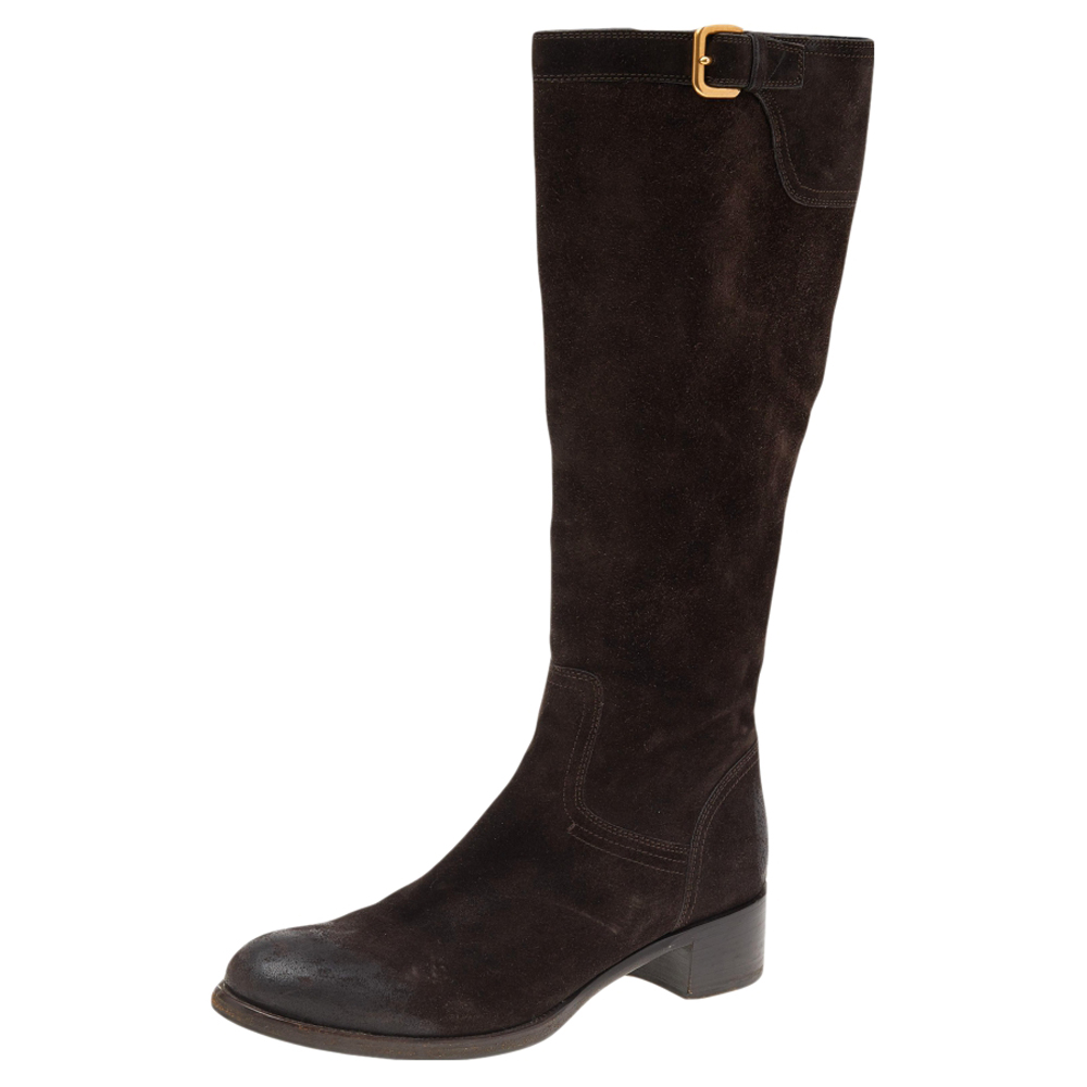 Prada Dark Brown Suede Block Heel Knee Length Boots Size 38