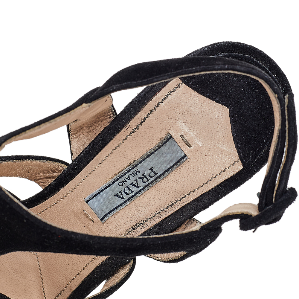 Prada Black Suede Peep Toe Slingback Platform Sandals Size 37.5