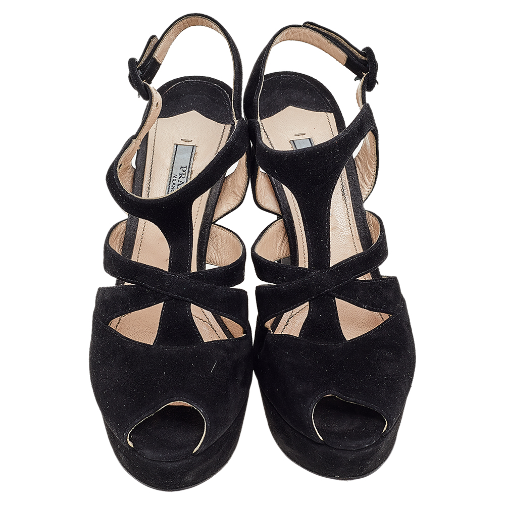 Prada Black Suede Peep Toe Slingback Platform Sandals Size 37.5