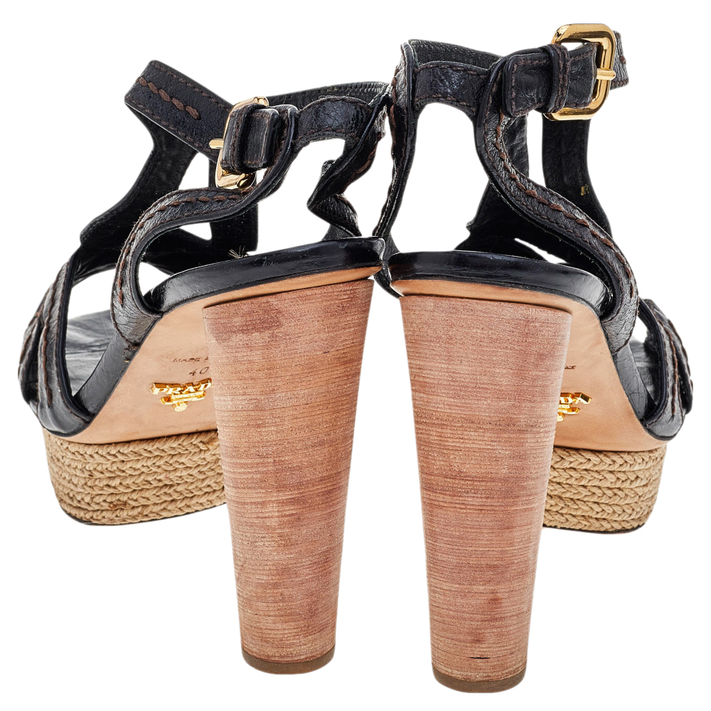 Prada Brown Leather Espadrille Platform Wooden Heel Ankle Sandals Size 40
