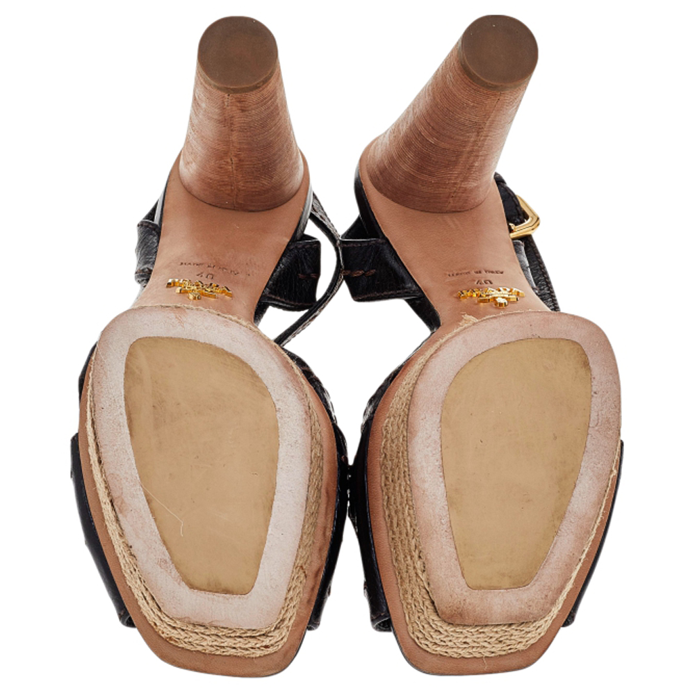Prada Brown Leather Espadrille Platform Wooden Heel Ankle Sandals Size 40