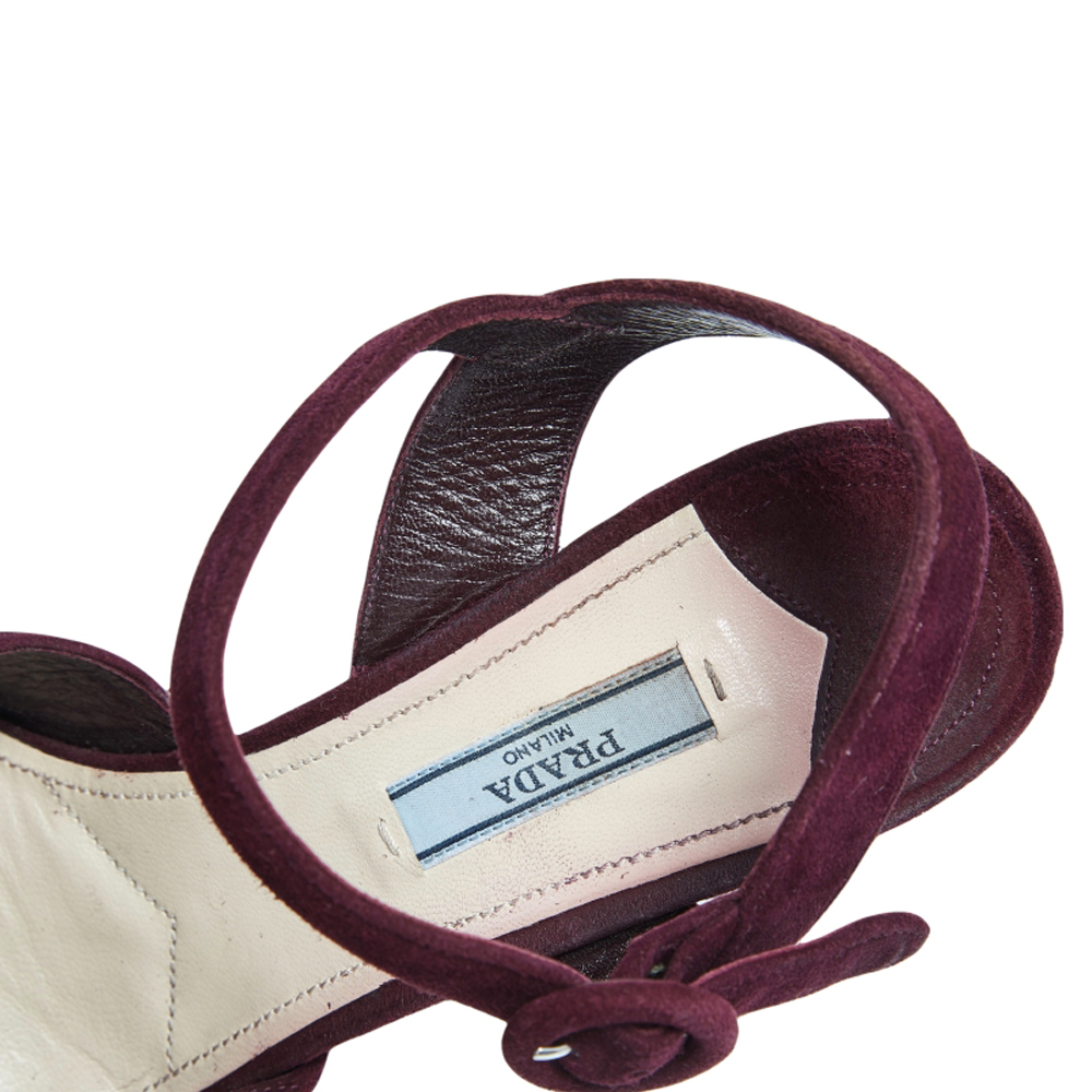 Prada Burgundy Suede Platform Ankle Strap Sandals Size 39