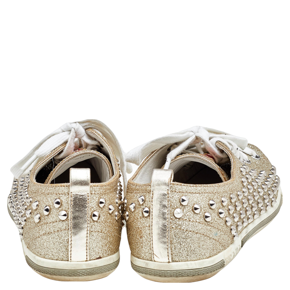 Prada Gold /White Glitter And Leather Stud Embellished Sneakers Size 37.5