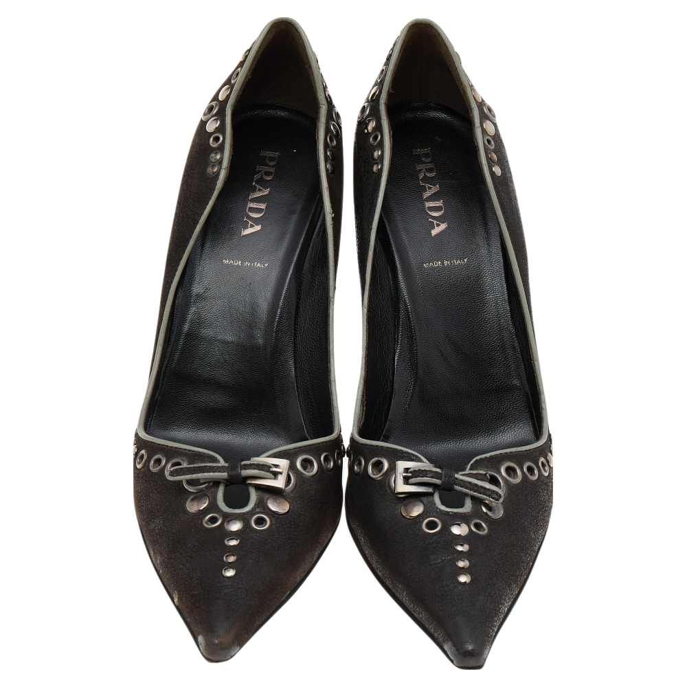 Prada Dark Brown Leather Bow Pointed Toe Pumps Size 37.5