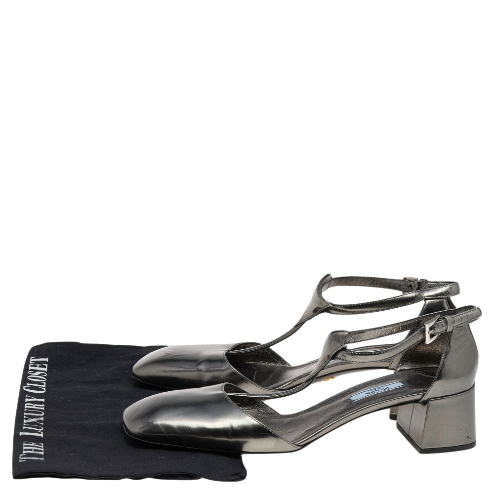 Prada Metallic Grey Patent Leather T Strap Block Heel Sandals Size 41