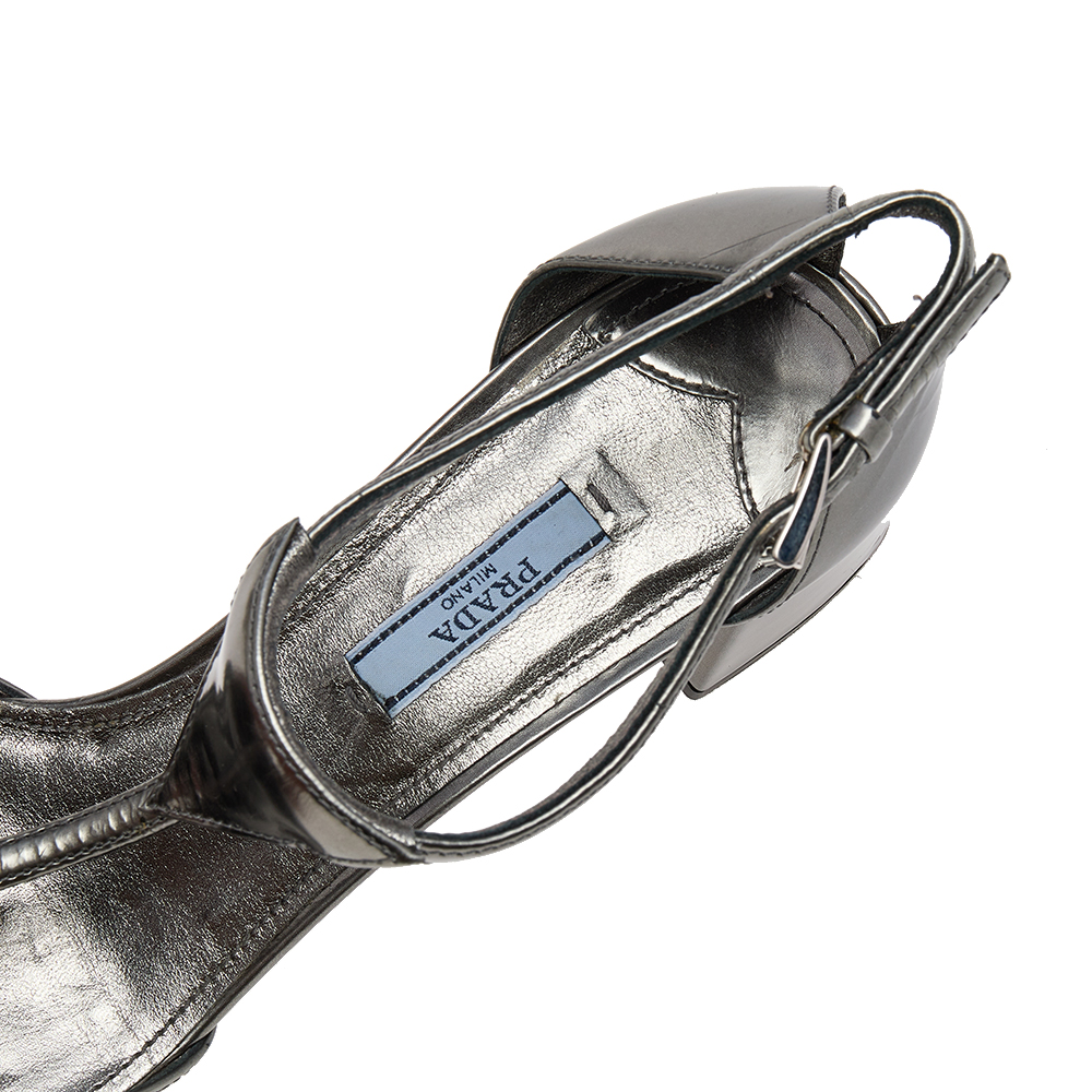 Prada Metallic Grey Patent Leather T Strap Block Heel Sandals Size 41