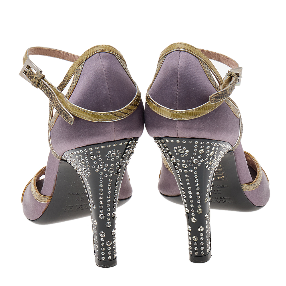 Prada Purple/Yellow Satin And Lizard Crystal Heels Embellished Ankle Strap Sandals Size 37